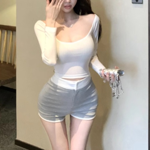 【2点セット】ジュエルネックトップス＋ハイウエストバイカラーショーパン ・10582