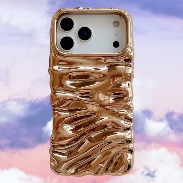3D なみなみ メタリック ゴールド iPhoneケース | スマホケース iPhone ケース アイフォンケース | 機種 iPhone 14 15 16 17 Pro Max シリーズ