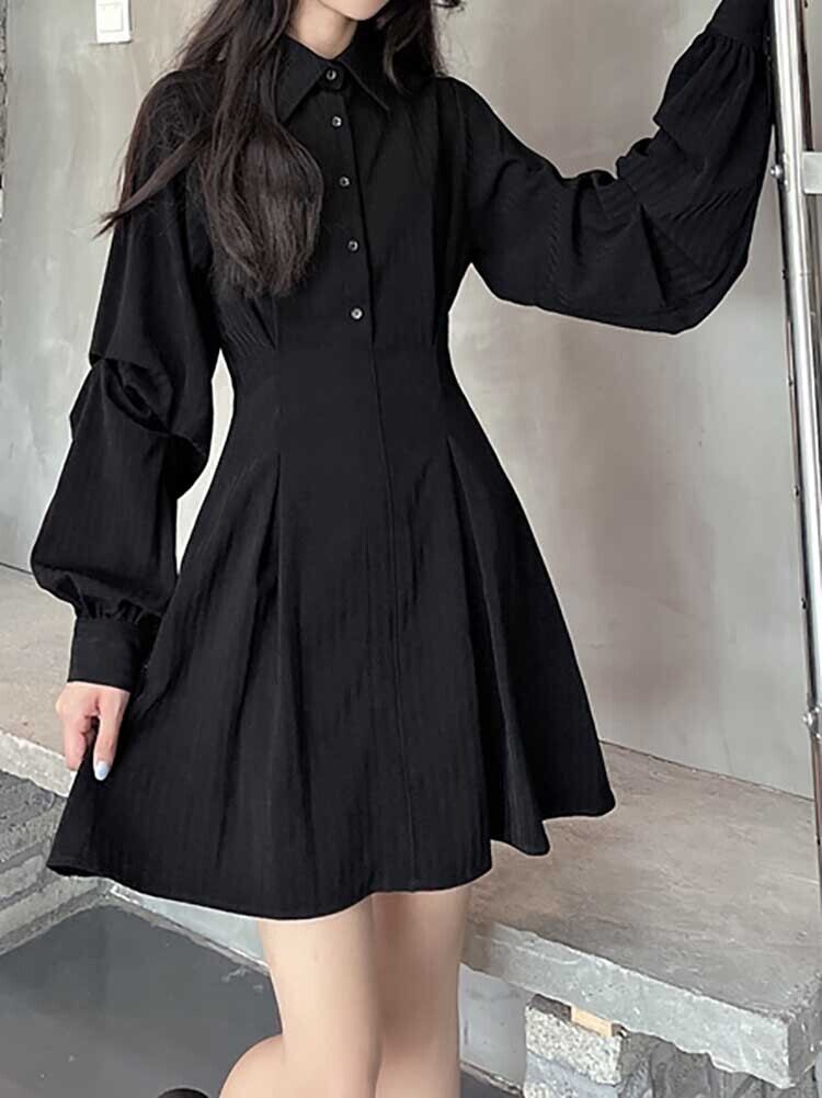ボリュームスリーブウエストタックシャツワンピ ミニワンピ かわいい カジュアル 襟付き フレア 黒 大きいサイズ 韓国 CH7209