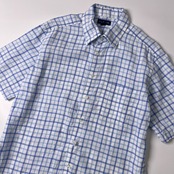 LANDS’ END ランズエンド リネン100% BD 半袖シャツ L/ブルー ホワイト