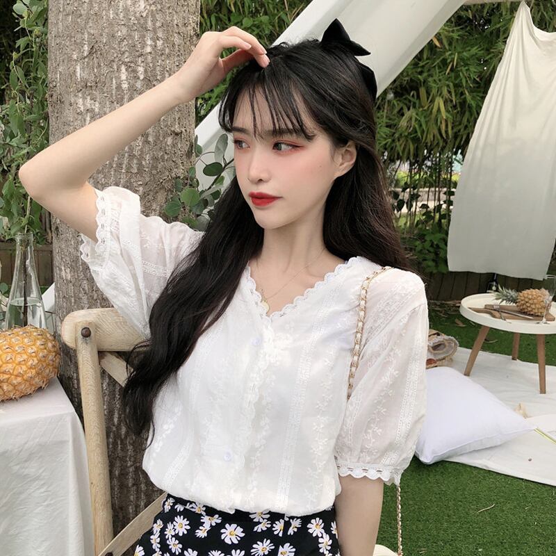 ホワイトシャツ スタンダードサマーVネックドレス レトロ 夏物 試着室56586837770