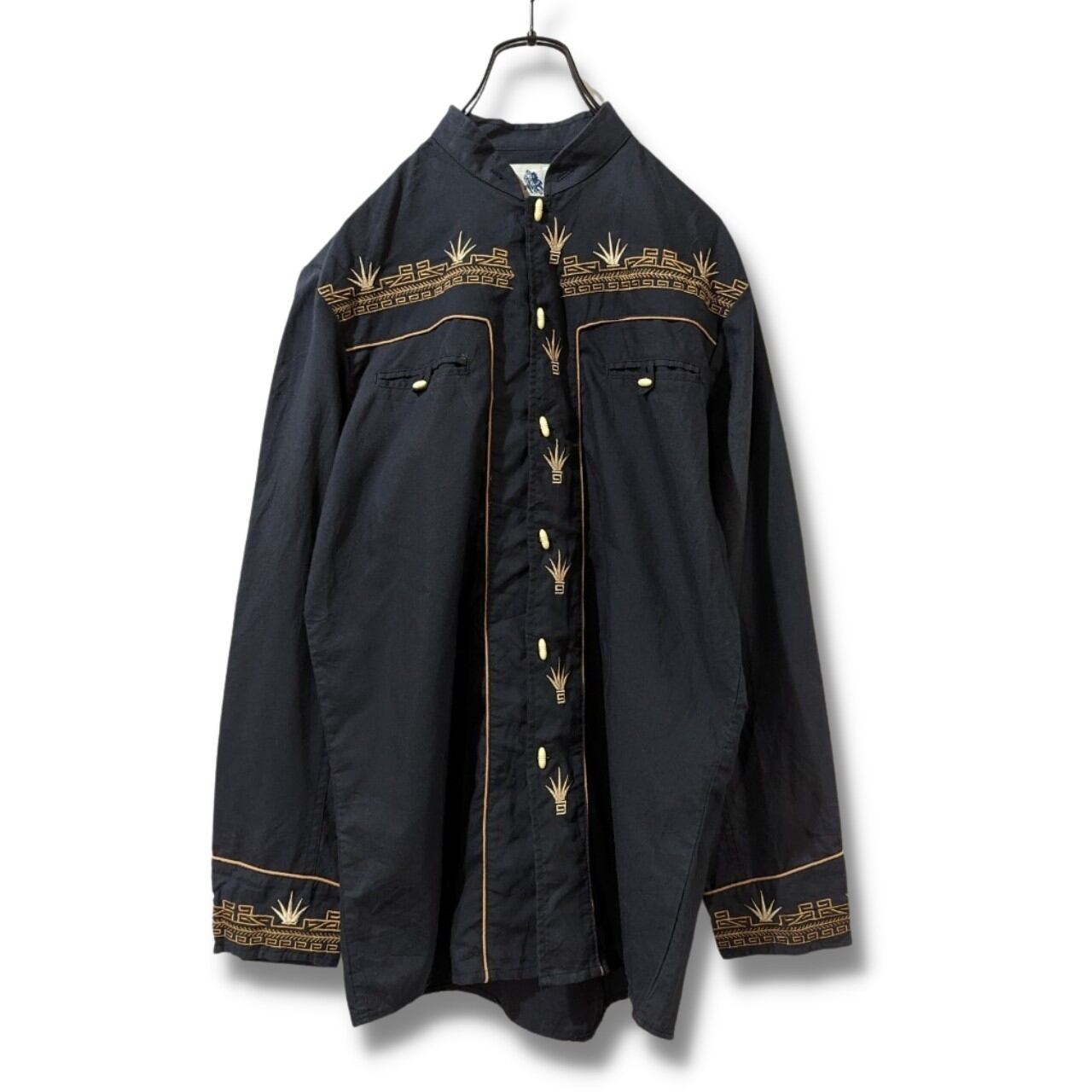 デザインシャツ 古着 ブラック 刺繍 スタンドカラー BD68