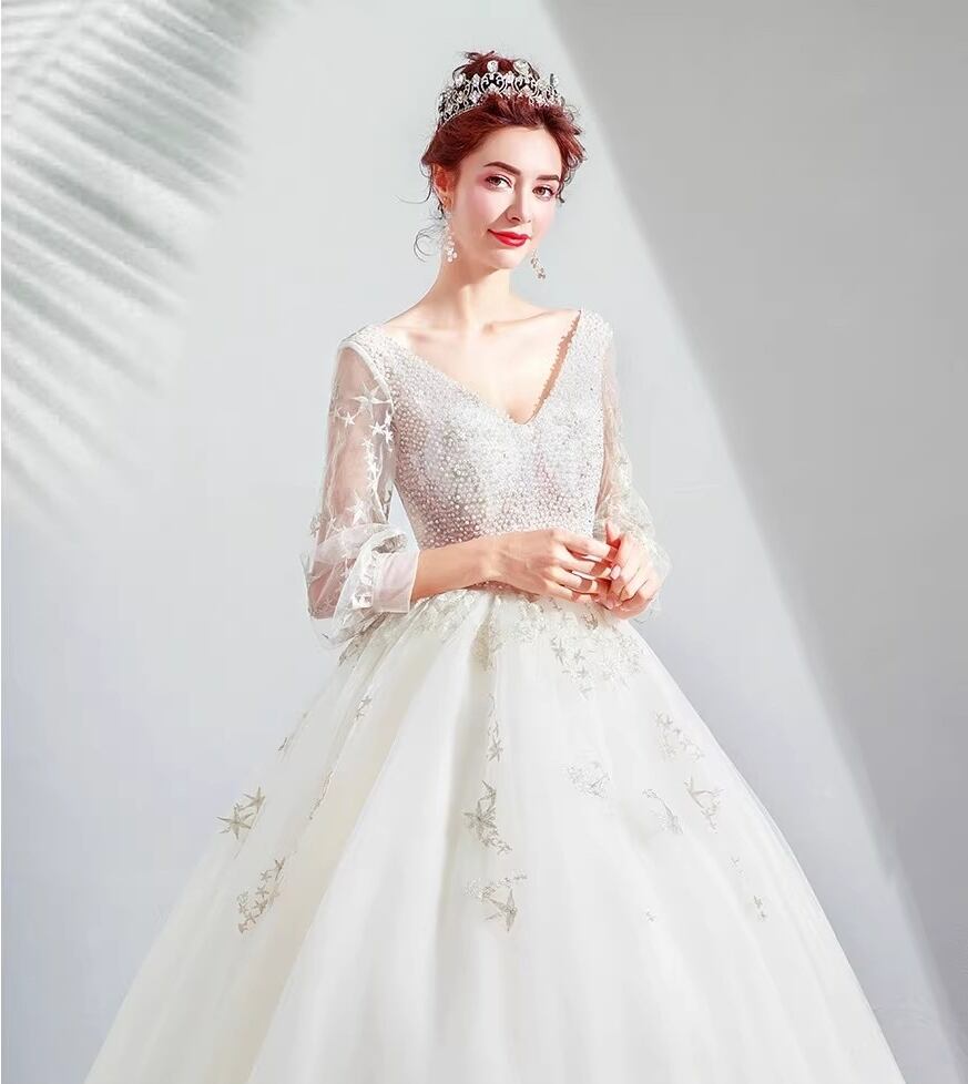 高級チュールレース ロングトレーン ウエディングドレス｜ハイネック