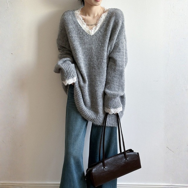 Lace Trimming V-Neck Knit ◆2color　204778