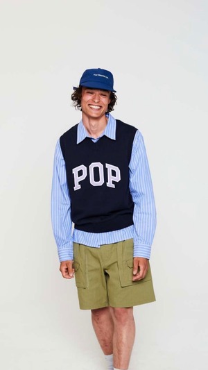 POP TRADING COMPANY -Arch Logo Knitted Spencer- : NAVY/VIOLA