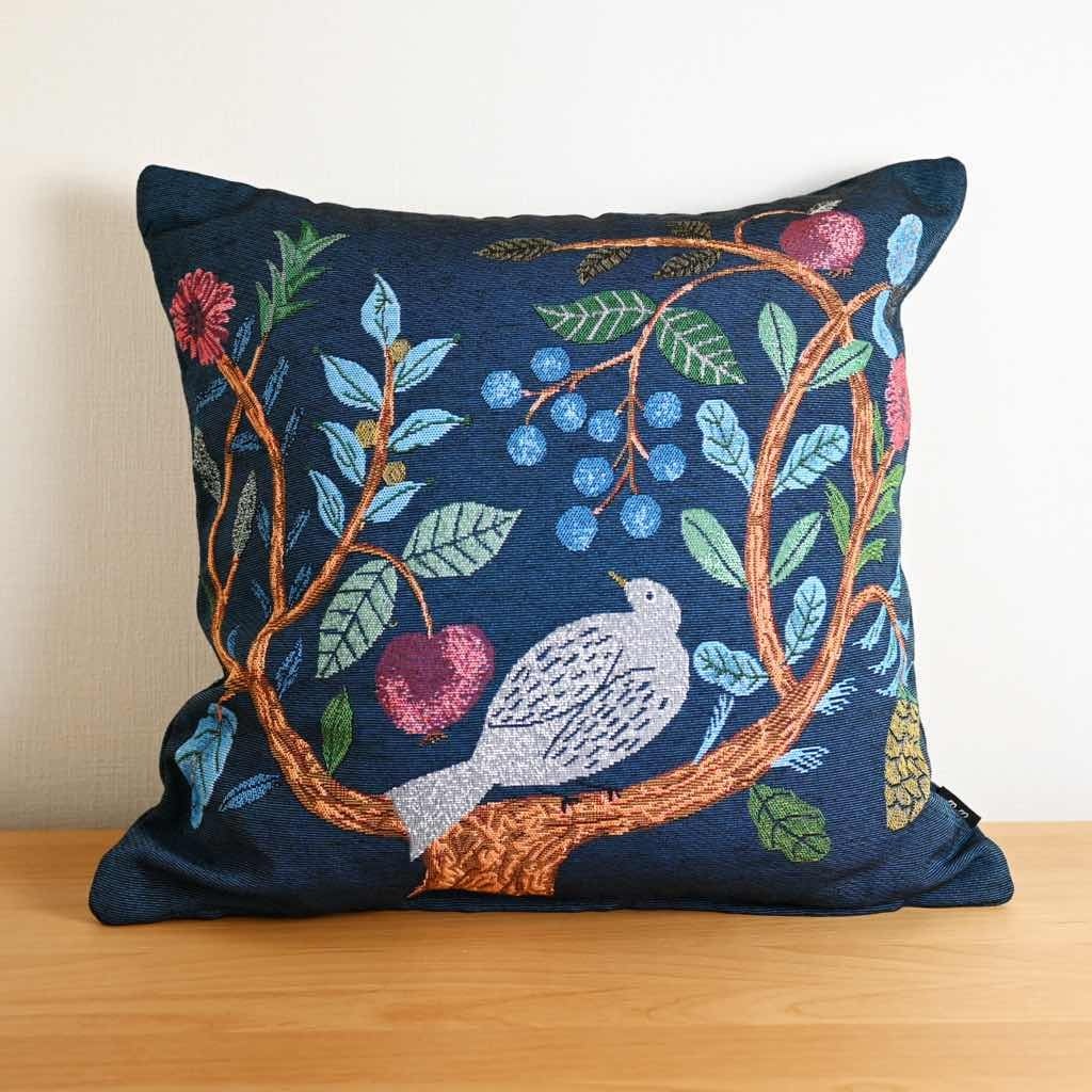 新品　松尾ミユキ　クッションカバー　バードツリー　ネイビー　鳥 松尾ミユキ クッションカバー Bird Tree 45cm ベージュ ネイビー