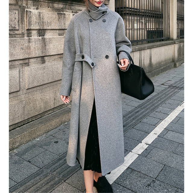 【ハイネックダブルブレストロング丈コート 】P02145