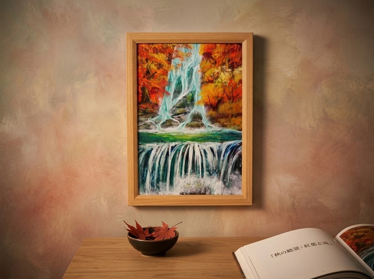 油彩画・原画】『錦秋の咆哮』秋を彩る滝の風景（A4サイズ・額縁入り