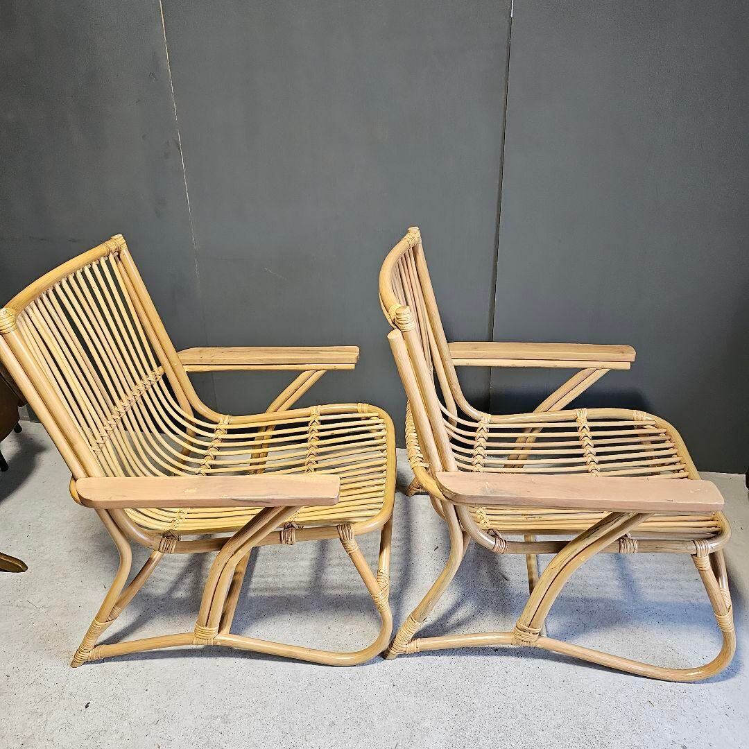 台湾製ラタンヴィンテージ籐アームチェア肘付き椅子2脚セット SZ