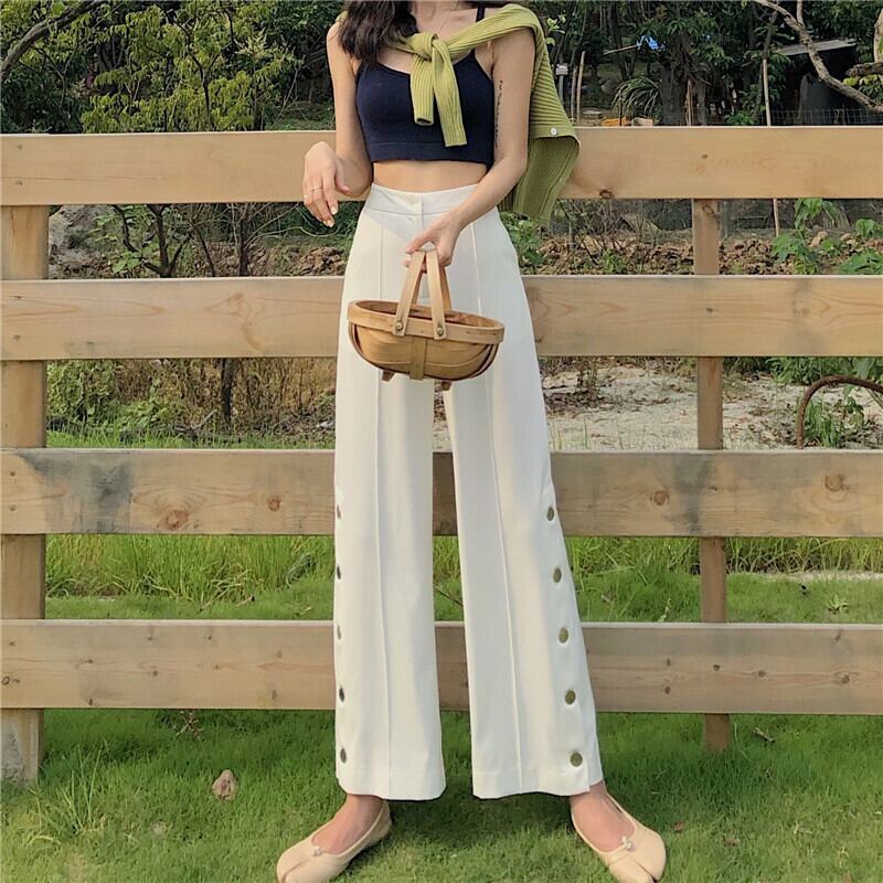 2020年夏のシンプルなハイウエスト無地カジュアルパンツレディースワイルドカジュアルスリムストレートレッグパンツスプリットワイドレッグパンツトレンド YY-ファッション25005127643