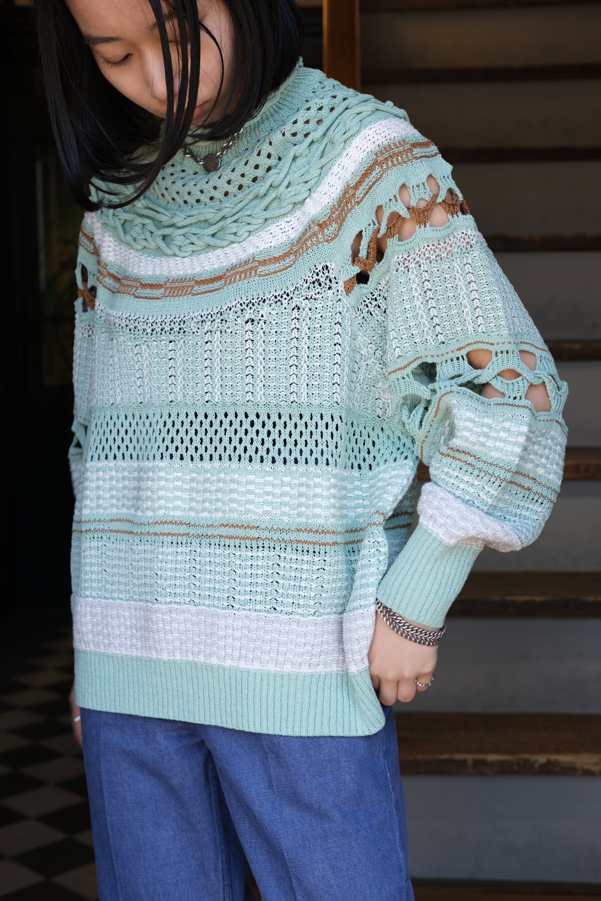 Mame Kurogouchi】Bamboo Basket Pattern Knitted Top - mint Mame Kurogouchi】Bamboo Basket Pattern Knitted Top - mint