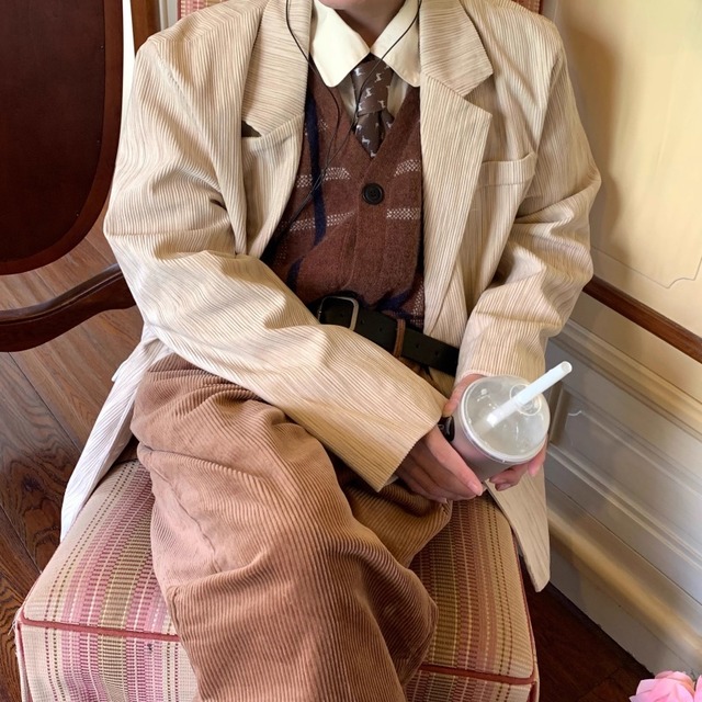 【C2 Studiosシリーズ】★アウター★ ブレザー コーデュロイ レディース レトロ 男女兼用 メンズ アプリコット 合わせやすい
