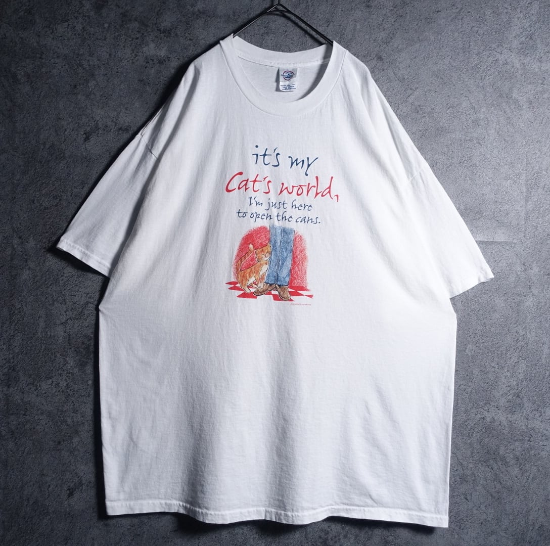 00s “DELTA” White Cat Message Print T-shirt