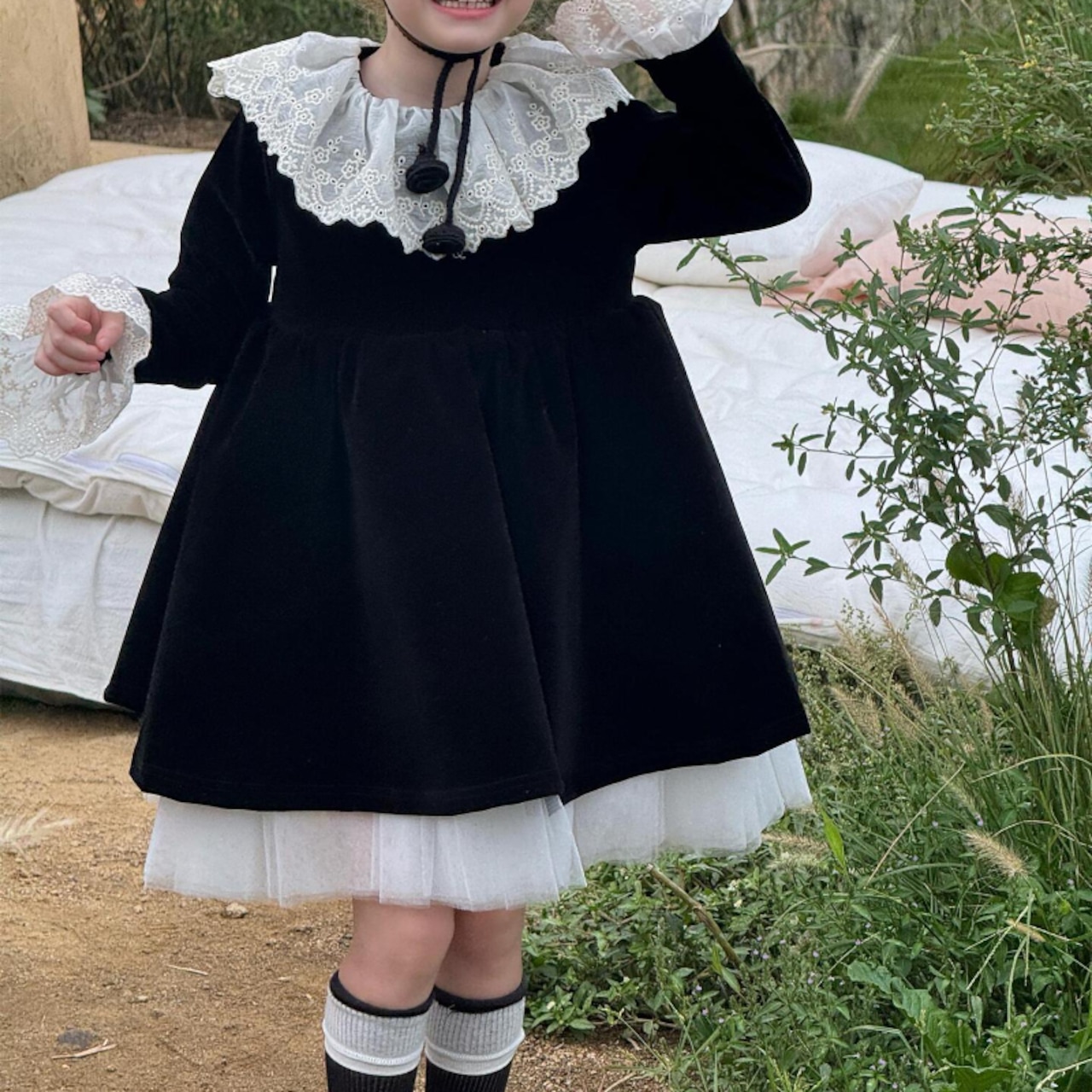 冬ベルベットレースカラードレス