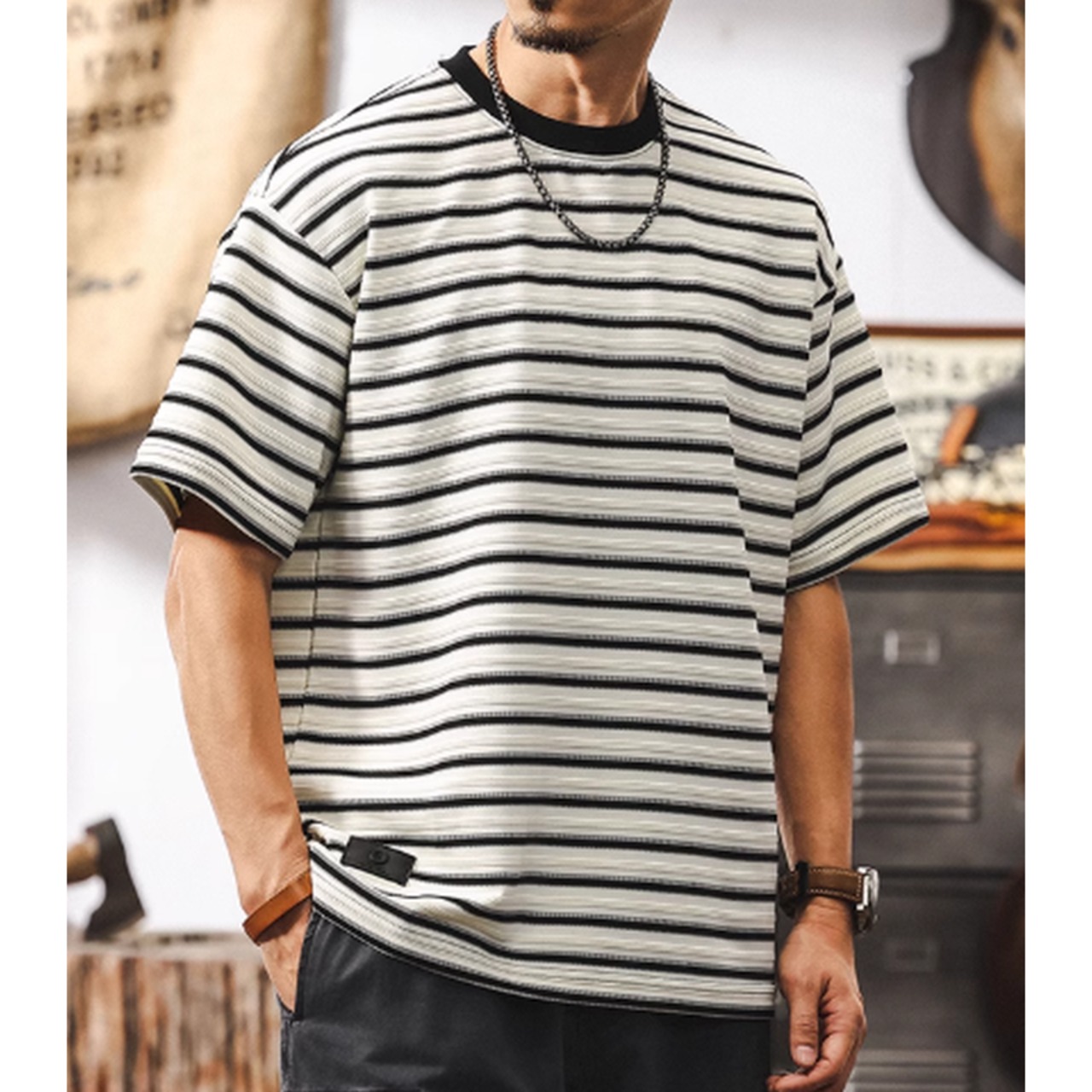 パッチボタンボーダーTシャツ 10118