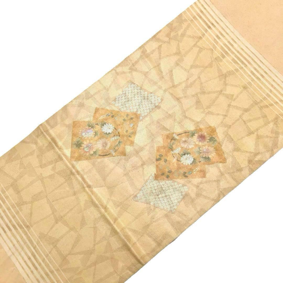 袋帯 螺鈿 四角の中に花模様 鹿子柄 東京白茶色 O-4084 袋帯 螺鈿 四角の中に花模様 鹿子柄 東京白茶色 O-4084 着物