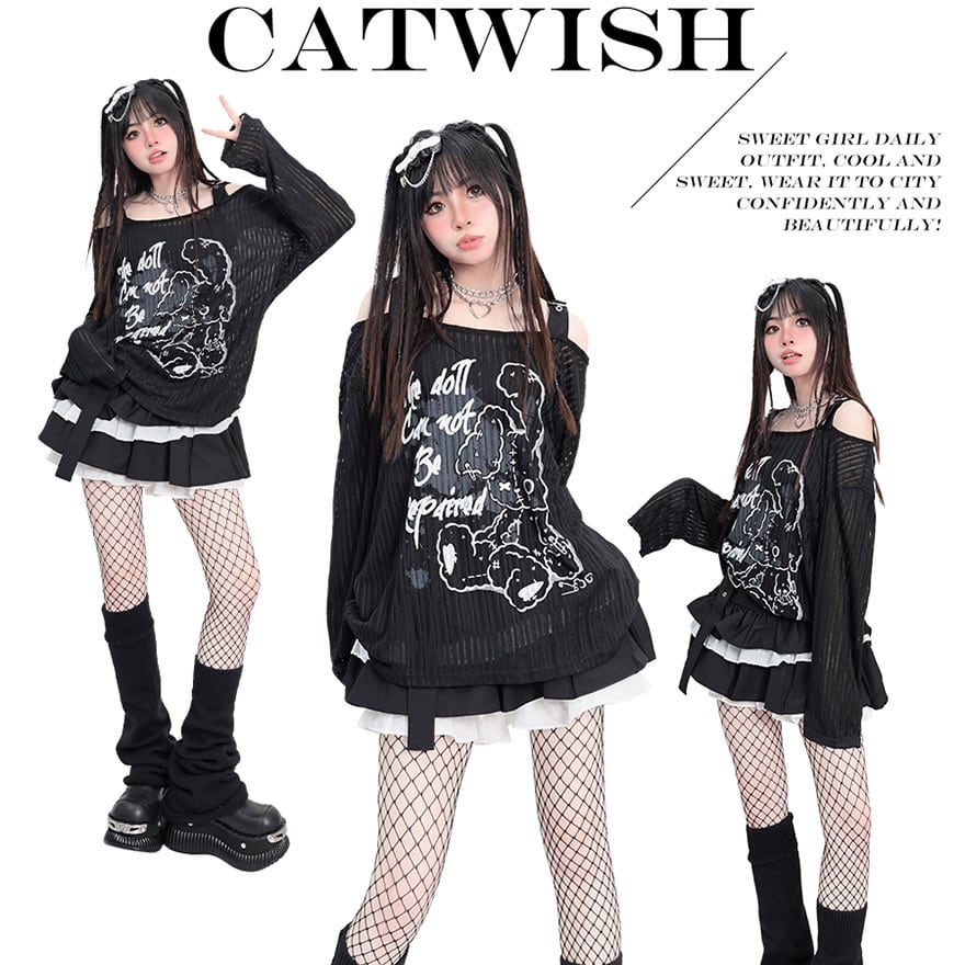 サブカル 服 地雷系 通販 甘辛MIX オフショル 長袖シャツ Catwish