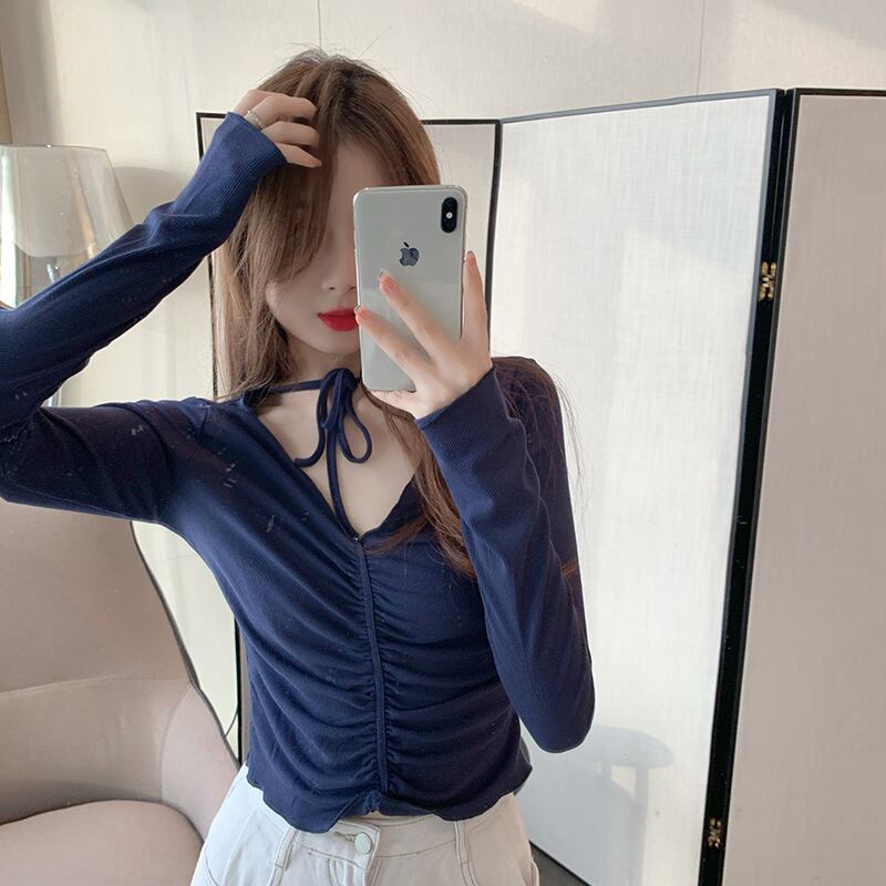 スリムショートVネックシャツ ブラウス レディースオータムウィンターTシャツ ロング 秋物 冬物 YY-ファッション29569932705