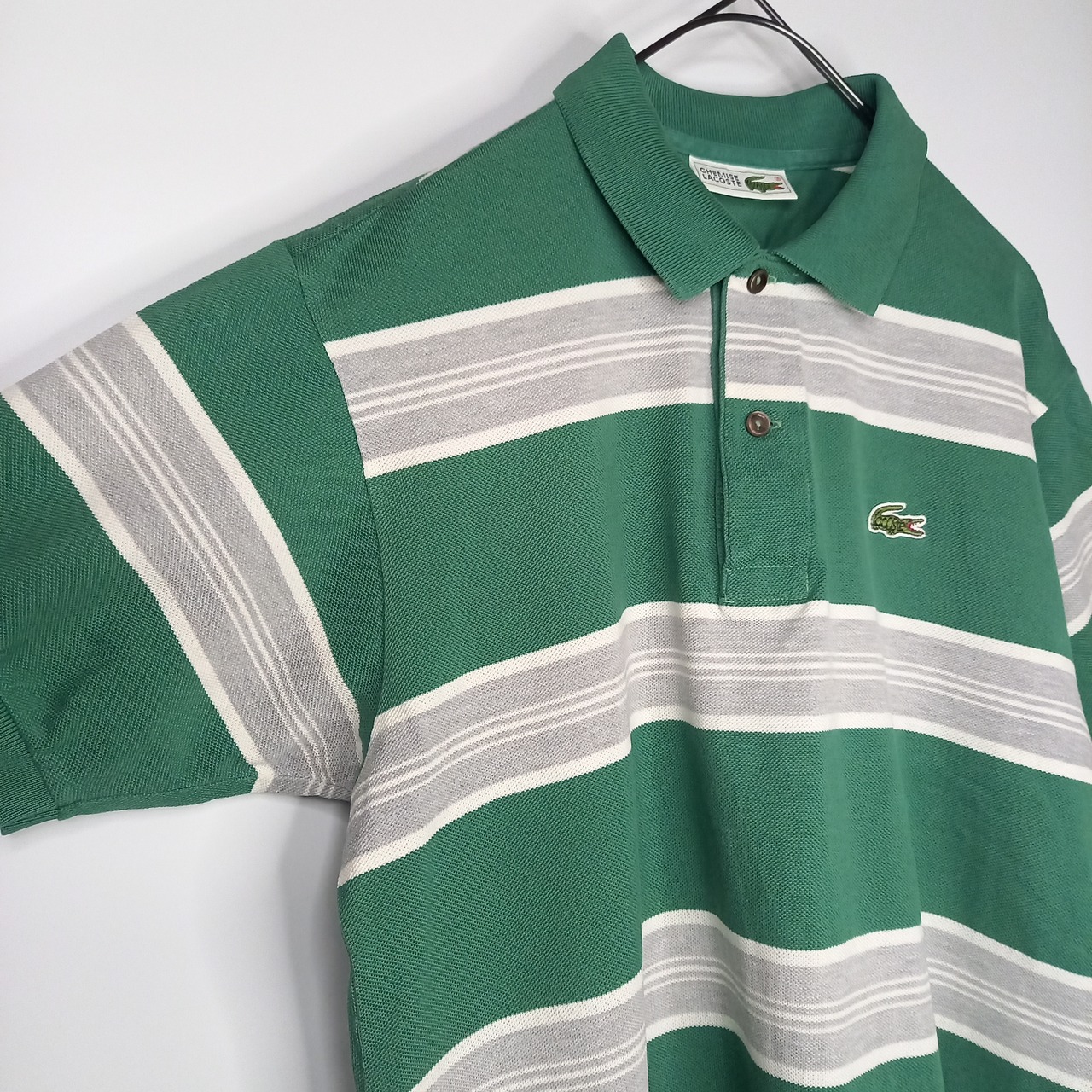 CHEMISE ラコステ　ラガー　ポロシャツ　半袖　ボーダー　シェルボタン　緑