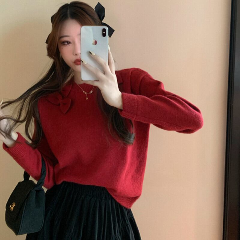 スタンダードラウンドネックセーター オータムウィンタールーズ薄手トップス ロング リボン レトロ 大人ガーリー スウィート キュート カジュアル 秋物 冬物 Oネック ガールズファッション3594374940