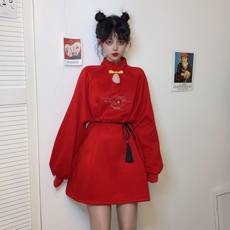 スタイルカジュアルドレス スプリングオータムスタンダードルーズ刺繍スカート レトロ 春物 秋物 ケッペル11047412462