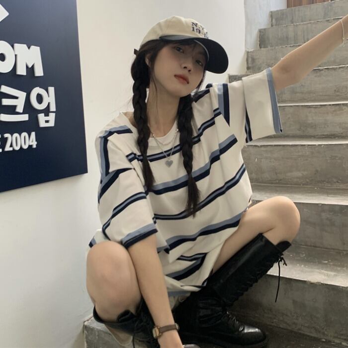 サマーストライプカジュアルTシャツ スタンダードラウンドネック レトロ 大きめサイズ 夏物 Oネック ケッペル85582333305