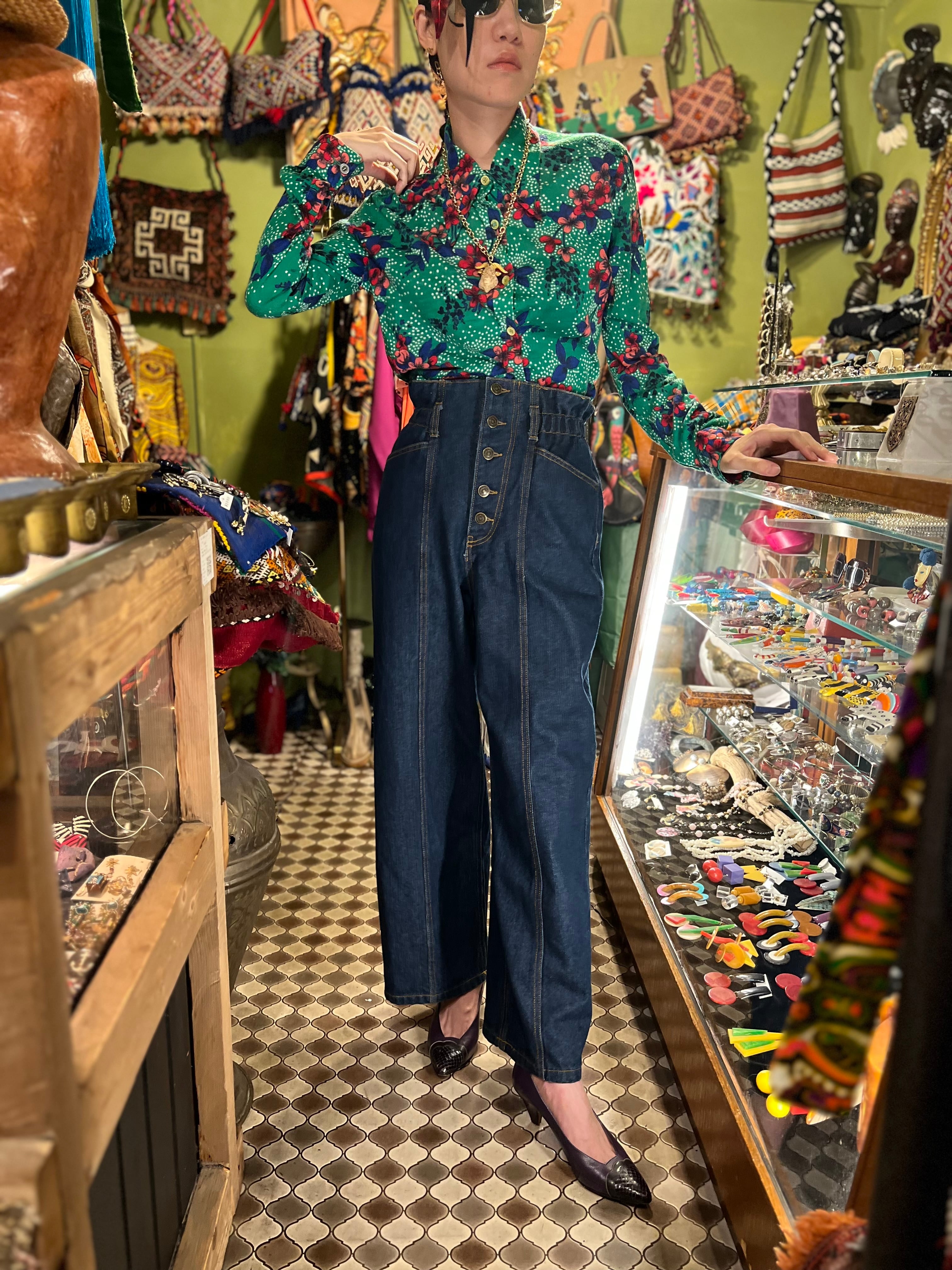 70s ITALY green × floral shirt ( ヴィンテージ イタリア グリーン 花