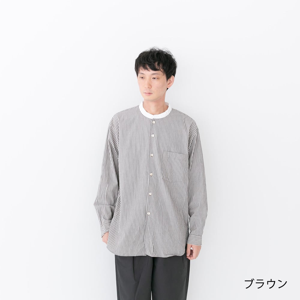リネン RINEN オーガニックブロードストライプクレリックスタンドカラーシャツ(R37402)【レターパックプラス可】