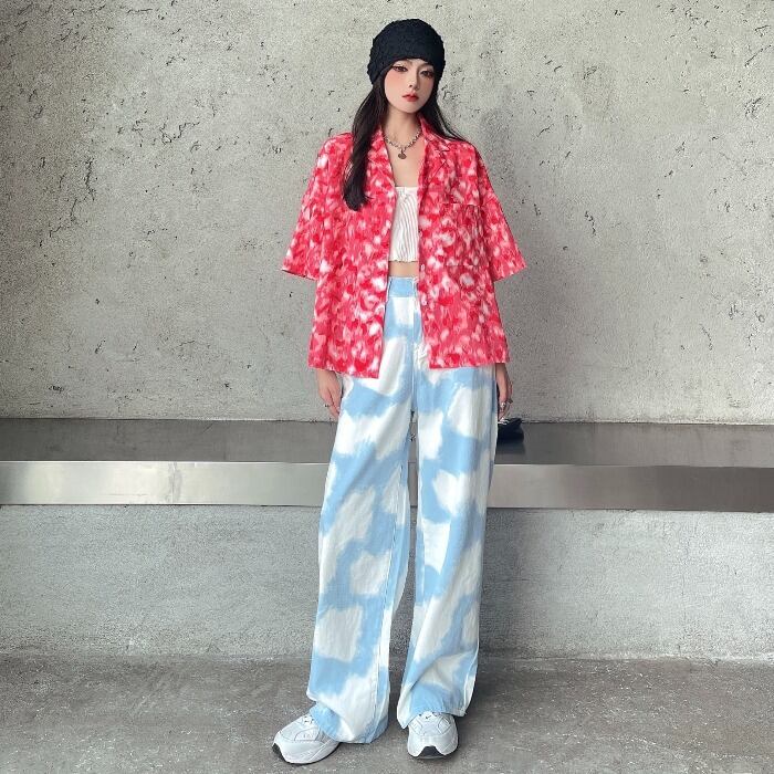 ルーズシャツ ハイウェストウェストスタイルブルーホワイト ヨーロピアン ケッペル25052484916