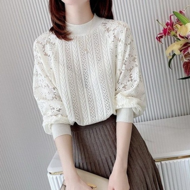 Puff sleeve elegant lace knit ( 2color )