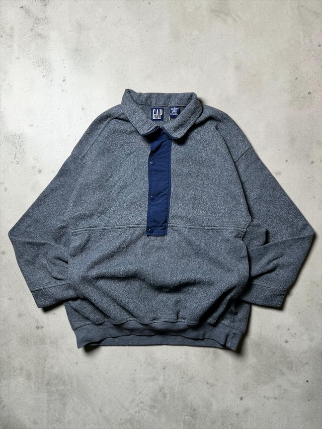 ［90s］GAP Gray Textured Fleece Snap Button Half Placket Oversized Pullover Sweatshirt
