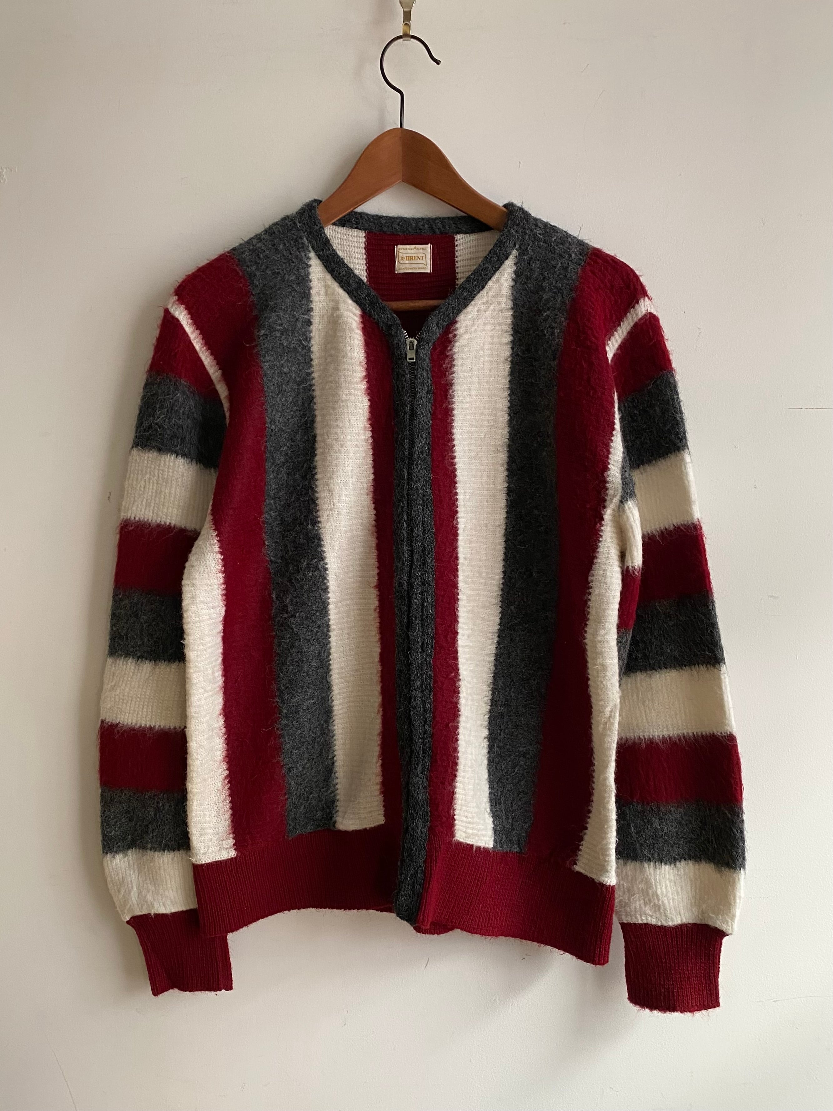 60s BRENT MONTGOMERY WARD SHAGGY KNIT ZIP UP STRIPE CARDIGAN