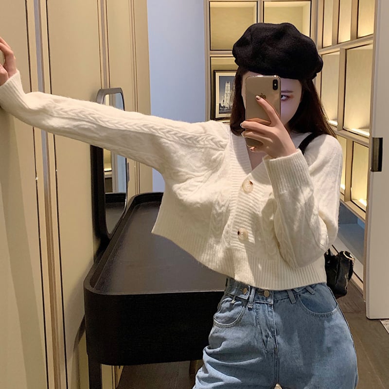 ルーズVネックセーターレディース2020年春新作スタイル長袖白半袖カーディガンジャケット スーパーモール76740078854