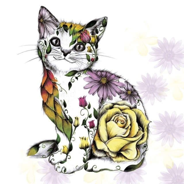 【Daisy】バラ売り2枚 ランチサイズ ペーパーナプキン Floral Smilling Kitty ホワイト