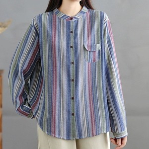 DESIGN STRIPE STAND COLLAR LONG SLEEVES SHIRT 2colors M-14818