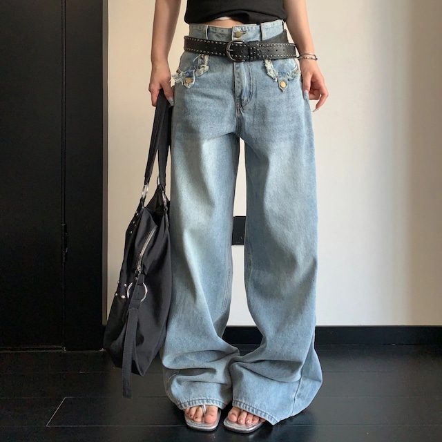 ダメージライクフラップポケットワイドデニムパンツ 1col R02442