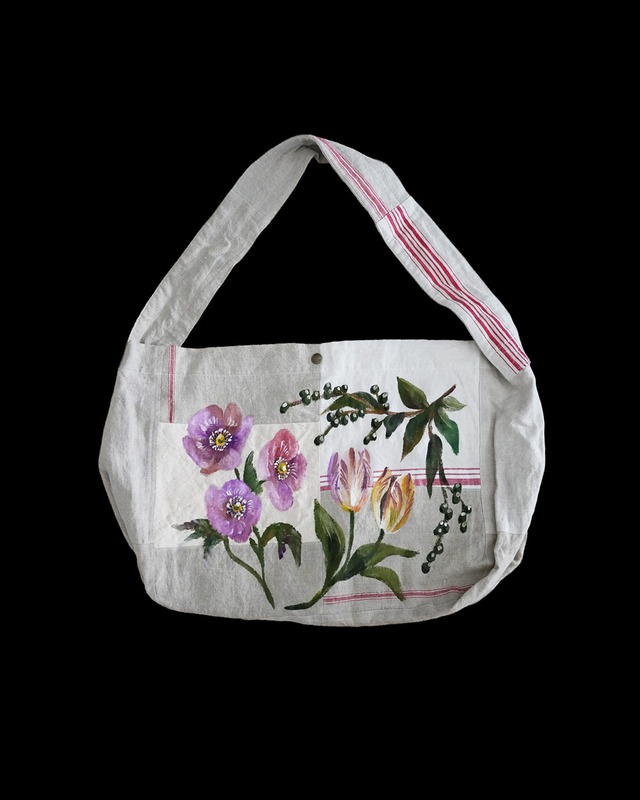 used linen postman bag pinkflowers