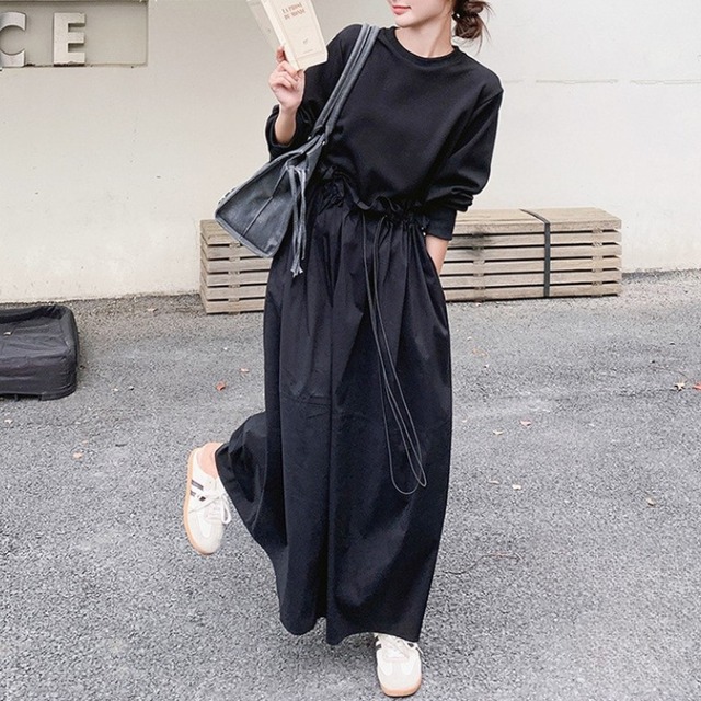 クルーネックロングスリーブ　ドローストリング付き　ドッキングワンピース　1col　N00124