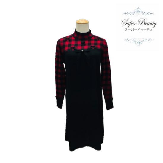 スーパービューティ Super Beauty 胸元リボン格子柄ハイネックニットワンピース レッド M L Ll 40 42 44 大人かわいい服 Gold Smith スーパービューティ Super Beauty 胸元リボン格子柄ハイネックニットワンピース レッド M L Ll 40 42 44 大人かわいい服 Gold Smith