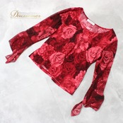 社交ダンス 衣装 create-sun クリエイトサン トップス Tシャツ カットソー レッスンウェア レッド系 ピンク系 練習着 花柄 薔薇 バラ バラ柄 ローズ柄 ランニング風 デザイン プルオーバー 七分袖 長袖風 シースルー袖 透け感 フラワープリント 赤系 伸縮性あり ポリエステル レディース 婦人 ダンス衣装 発表会用 レッスン 発表会 きれいめ 大人 上品 エレガント シック 柄物 女性用 カジュアルドレス風