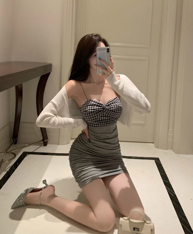 ブラックトップス 格子柄ドレス 薄手Aラインスカート ショートカーディガン ピュア ステッチ ブラックストロベリース75734013513