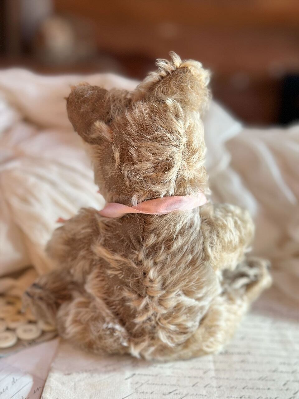 ピンクリボンのオープンマウスベア くま ぬいぐるみ | Brocante de La