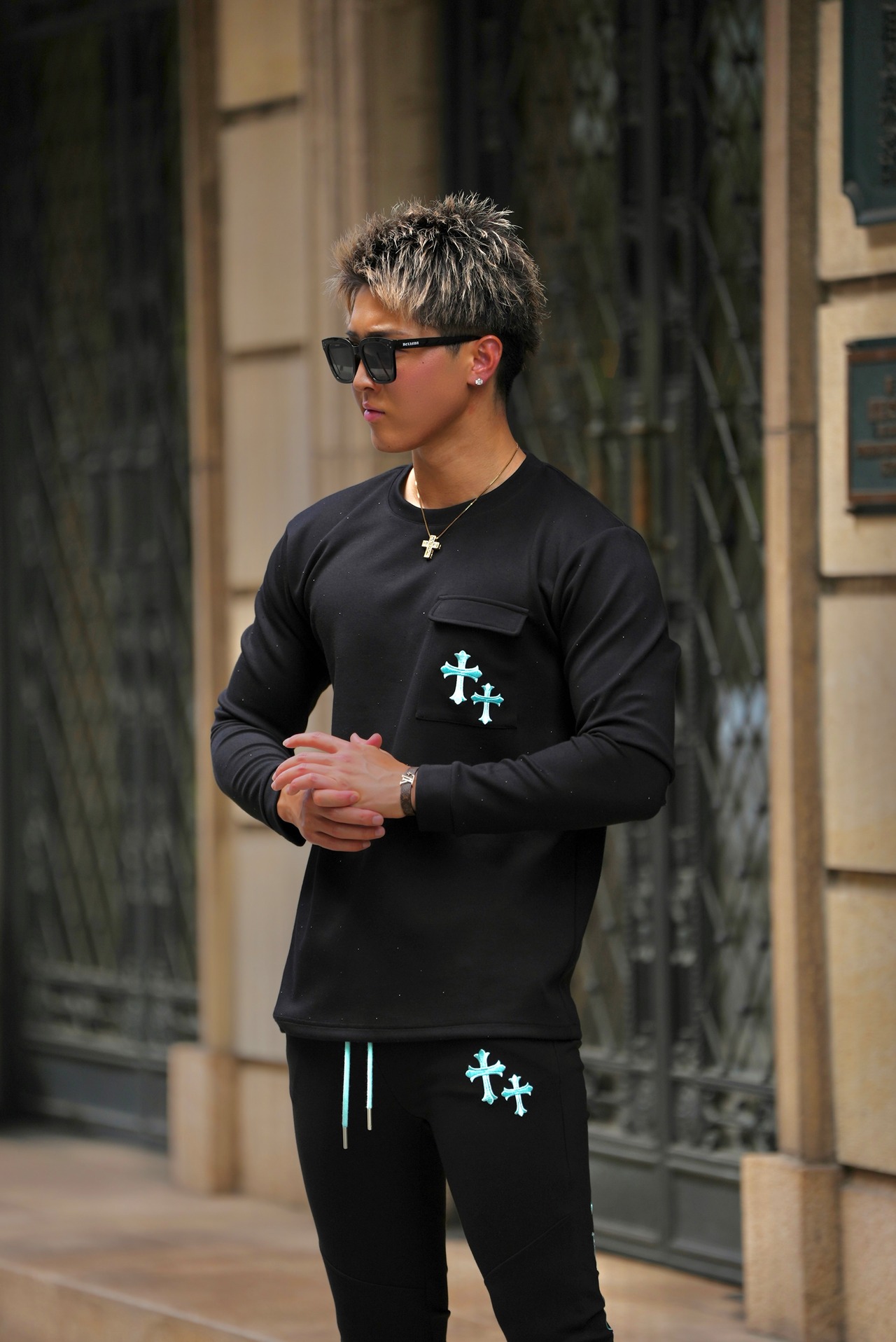 RHINE STONE CROSS SHIRT BLUE【OW25BD008】