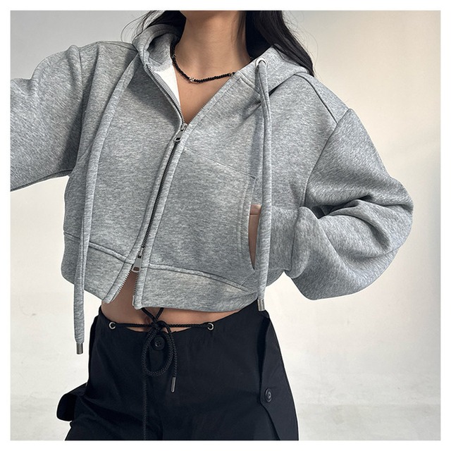zip-up cropped long-sleeve sweat parka la2667