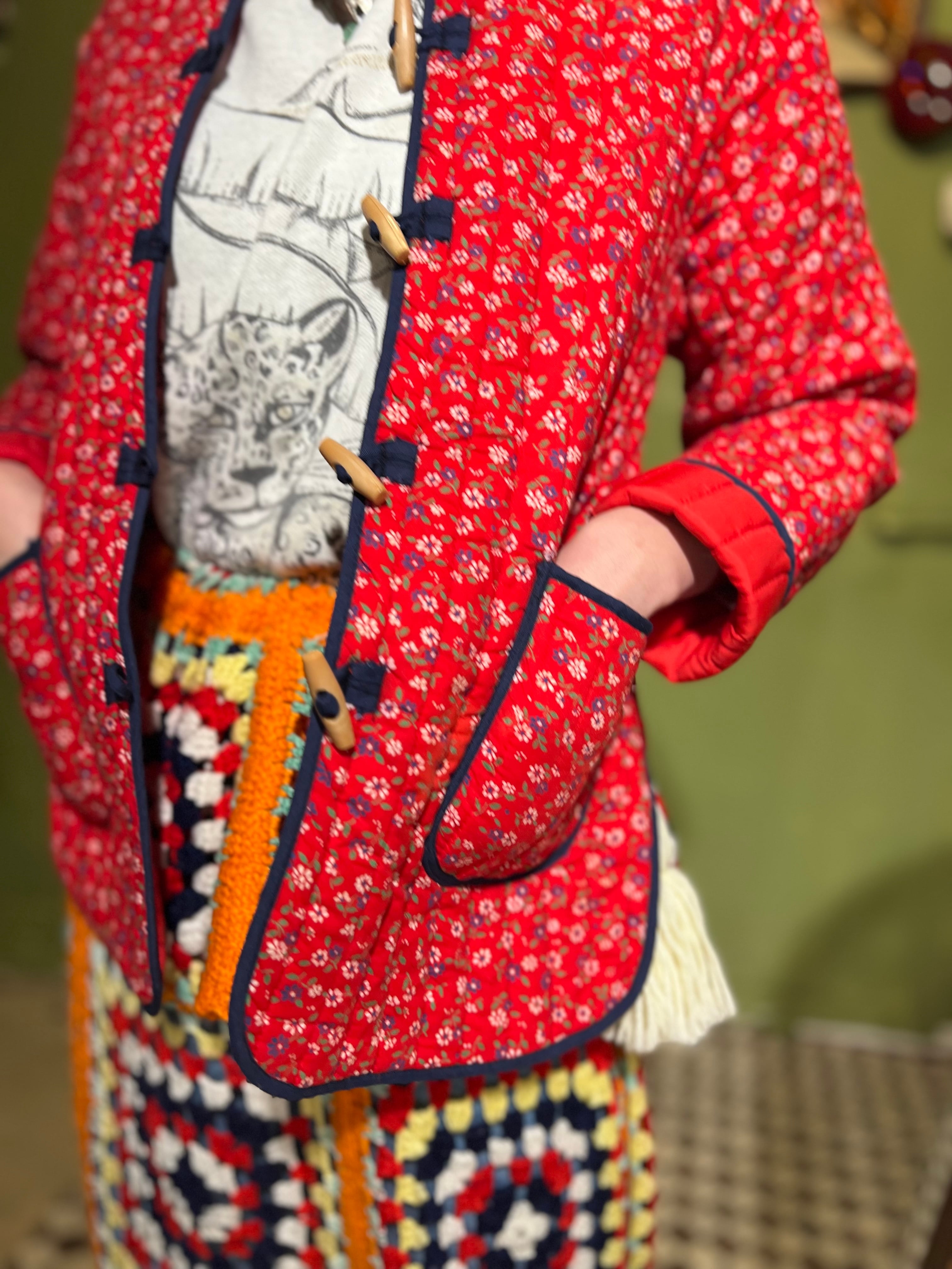 60-70s red × navy floral quilting jacket ( ヴィンテージ