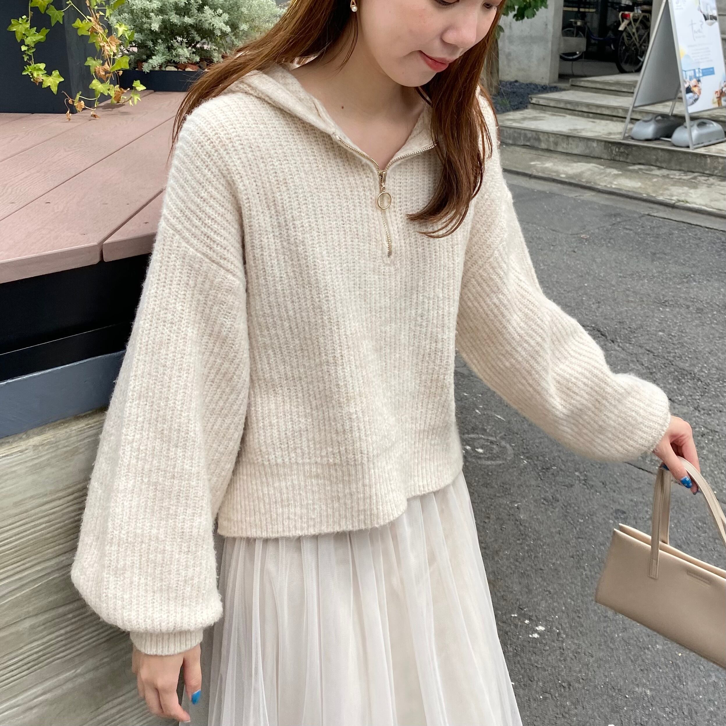 ハーフZIP片畦フードニット　ベージュ