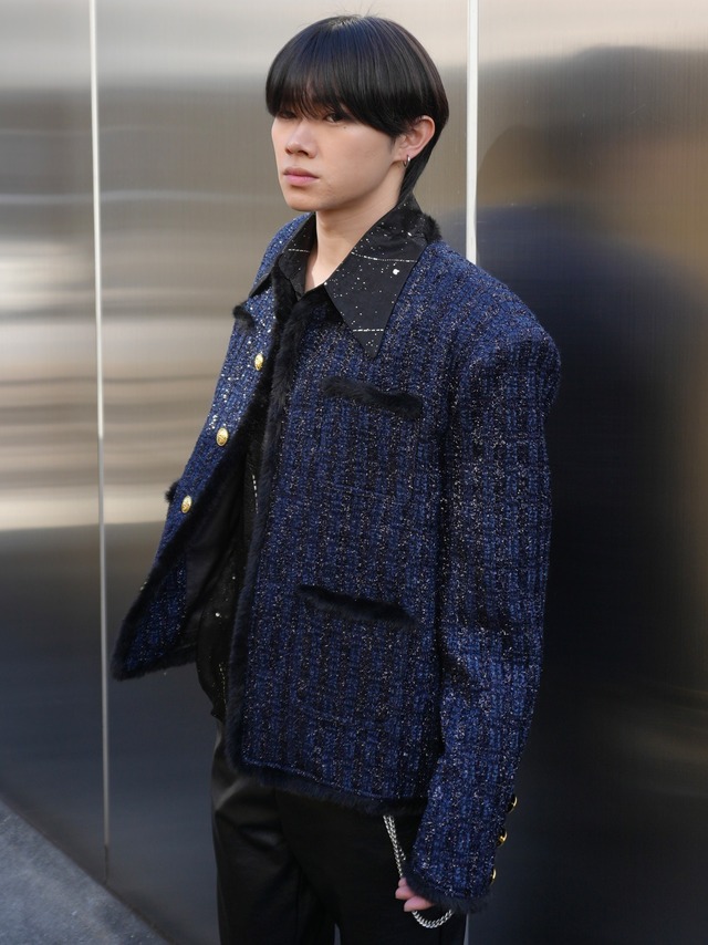 【ALUDE SELECT】collar fleece blue tweed jacket