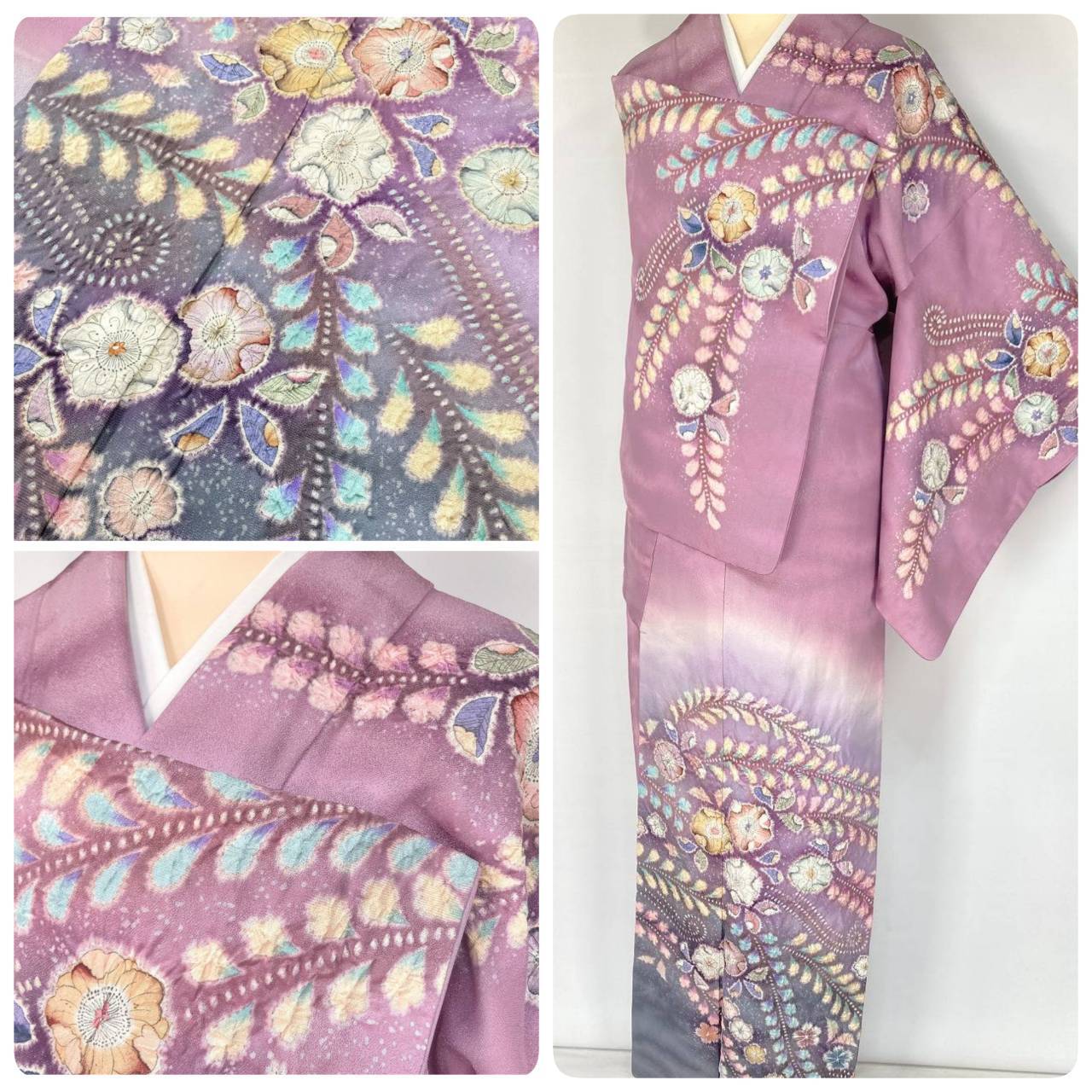 吉乃一廉 辻が花 絞り 銀通し 美品 訪問着 正絹 袷 紫 黒 白 藤色 1352