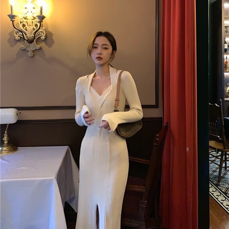 ドレス Vネックホルターブラックウェストスリムミディスカート スプリング ロング 春物 ブラックストロベリース6041454503