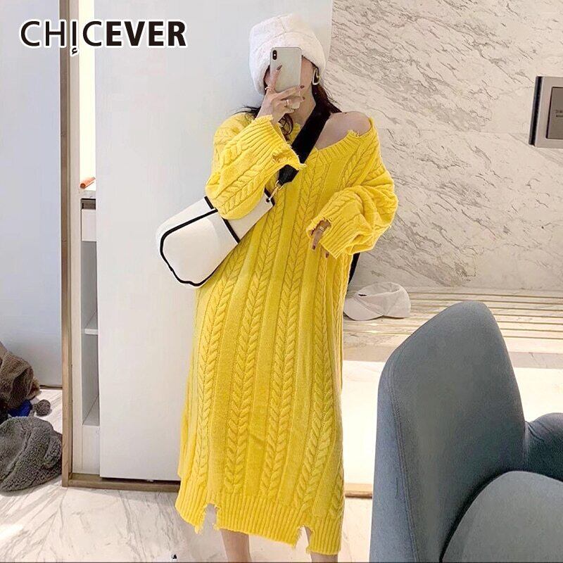 CHICEVERホールTelセータードレス女性Vネックルーズ長袖ニットドレス2020秋 ロング オータム 秋物 6base594320712066